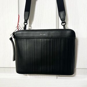 NWT PAUL SMITH Real Leather Shadow Stripe Crossbody Bag, Unisex, Black